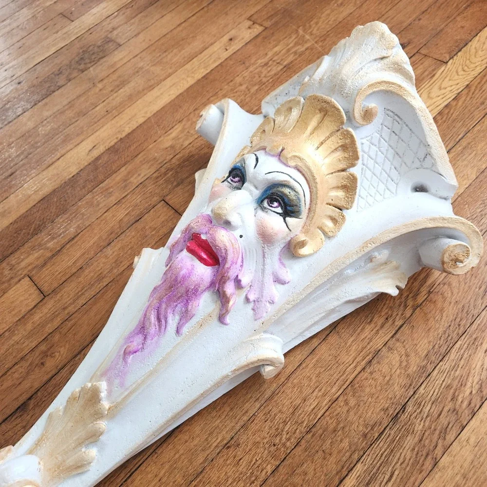 Hand Painted Drag Queen Plaster Wall Corbel Purple Beard Gold White Large Decor‎